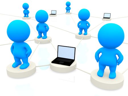 3D people networking with laptop computers isolated over a white background