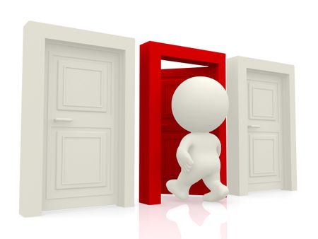 3D person entering a red door isolated over a white background