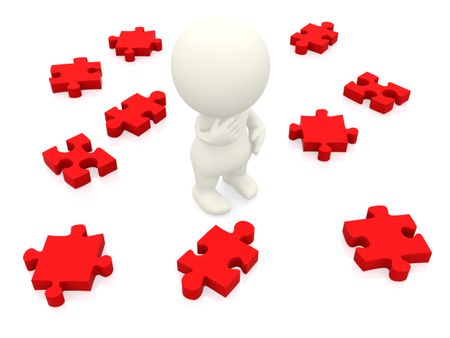 3D man making a decision with puzzle pieces isolated over white