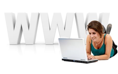 Woman with a laptop and the word WWW on the background - isolated