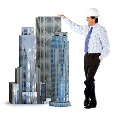 Engineer leaning on buildings - isolated over a white background