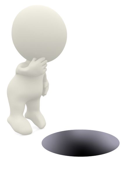 3D guy looking into a hole - isolated over a white background