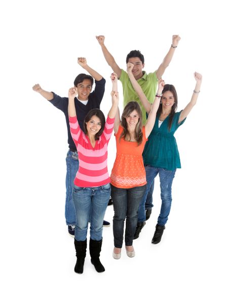 Group of happy people with arms up - isolated over a white background