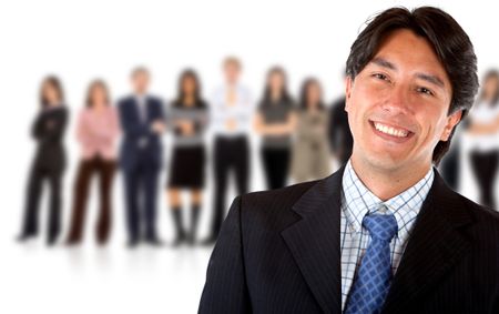Happy business man leading a group- isolated over a white background