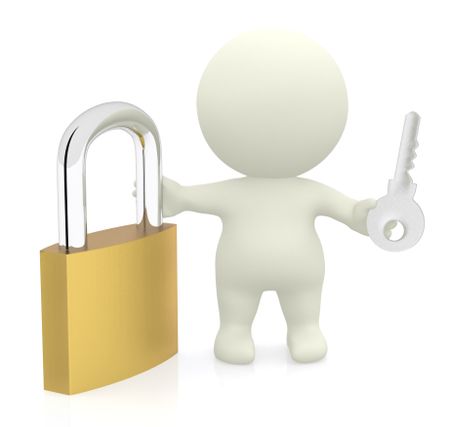 3D man holding a padlock and key - isolated over a white background
