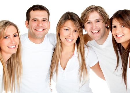 Group of friends smiling and hugging - isolated over a white background