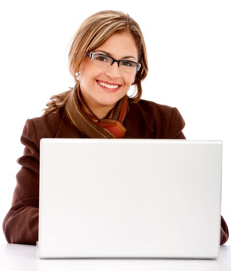 Business woman with a laptop - isolated over a white background