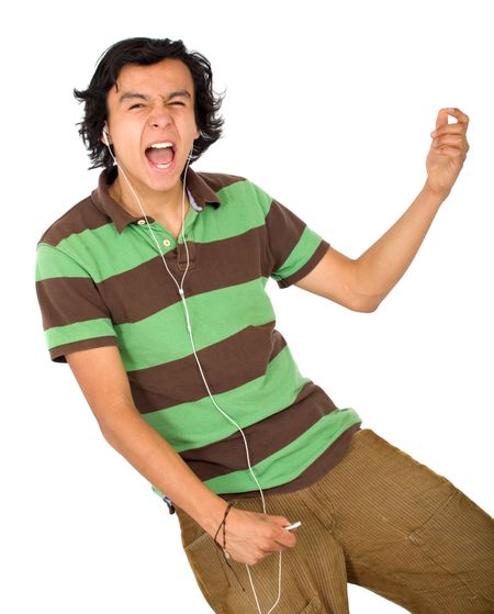 casual man listening to mp3 music isolated over a white background