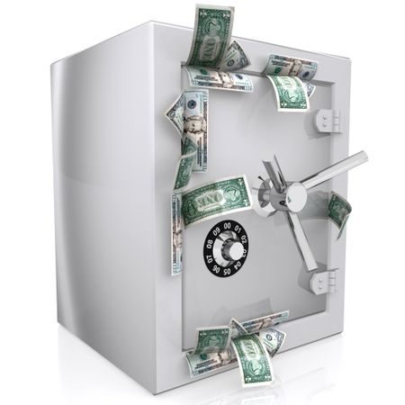 Dollars sticking out of safe - isolated over a white background