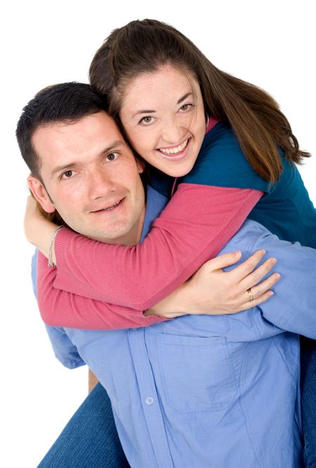 couple of young people portrait smiling and having fun - isolated over a white background