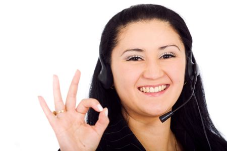 customer service girl smiling and doing the ok sign - isolated over a white background