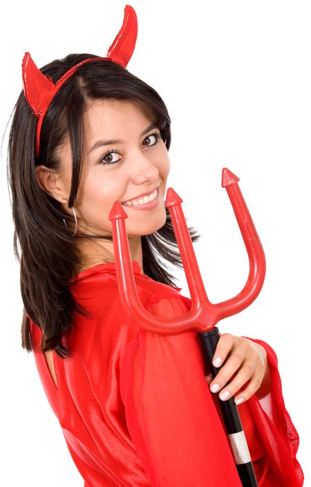 female in a red devil halloween costume smiling isolated over a white background