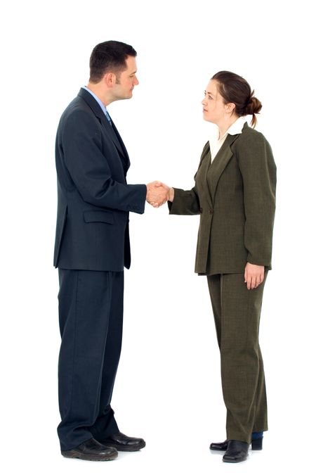 great business deal from a businessman and a businesswoman isolated over a white background