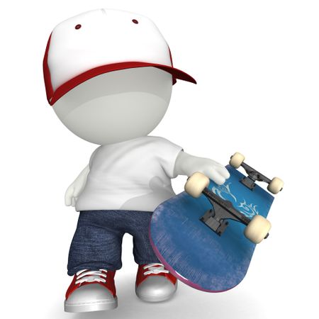 3D man holding skate board - isolated over a white background