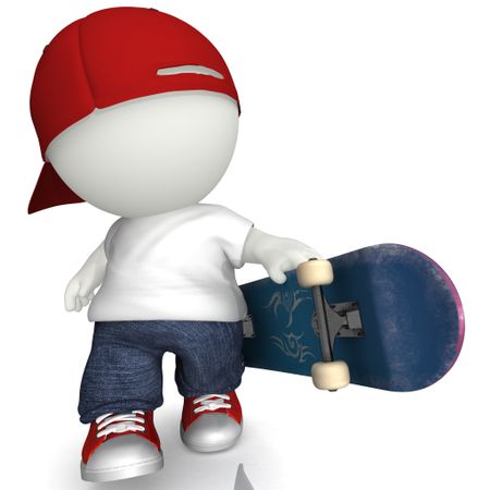 3D Skater boy with board- isolated over a white background