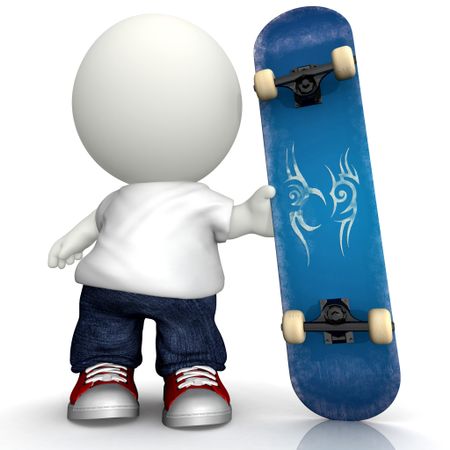 3D man holding skateboard - isolated over a white background