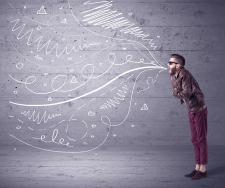 A mad hipster guy with beard shouting drawn white lines, curves on concrete urban wall illustration background concept