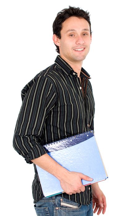 man with a notebook - university student look isolated over a white background
