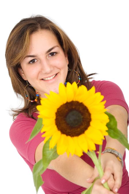 girl with a sunflower and smiling isolated over a white background