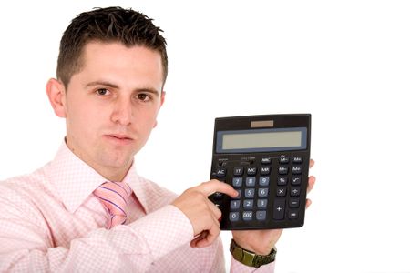business male accountant holding a calculator isolated over a white background