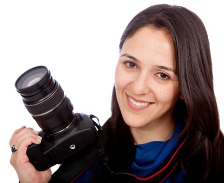 Female photographer holding a camera - isolated over a white background
