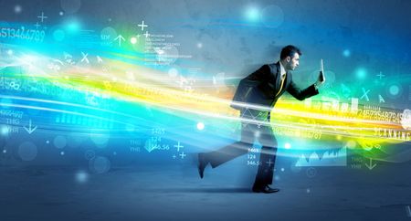 Business man running with device in high tech wave cloud concept on background