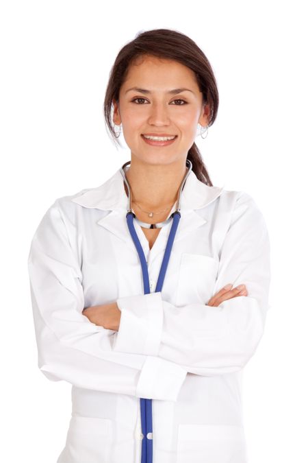 Female doctor smiling -  isolated over a white background