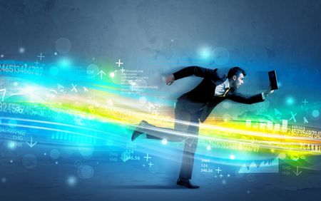 Business man running with device in high tech wave cloud concept on background