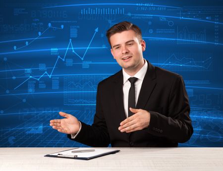 Stock data analyst in studio giving adivce on blue chart background concept on background