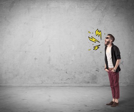 An angry hipster guy in casual clothes shouting heavily with drawn thunder sign illustration concept