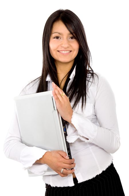 business woman smiling with a laptop computer over a white background