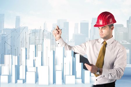 A happy construction worker drawing a city with white, plain buildings, using arrows and angles