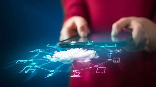 Close up of hand holding tablet with cloud network technology concept on background