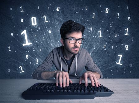 A funny hacker working hard on online passcode scanning and solving passwords with 0 1 numbers illustration in background concept