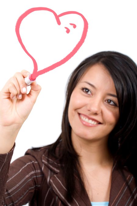 girl drawing a heart shape with ehr lipstick on screen isolated over a white background