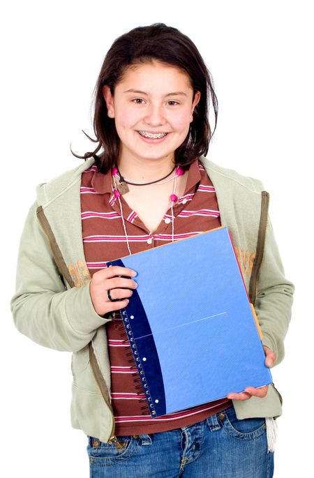 teenage student carrying notebooks over a white background