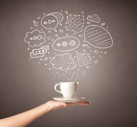 Young female hand holding coffee cup with drawn thought bubbles above it