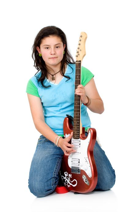 girl with aan electric guitar isolated over a white background
