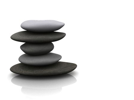 balancing stones over a white background with reflection