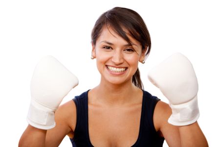 Woman wearing boxing gloves - isolated over white