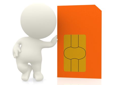 3D guy with a sim card - isolated over a white background