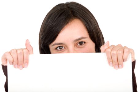 girl displaying a white card isolated over a white background