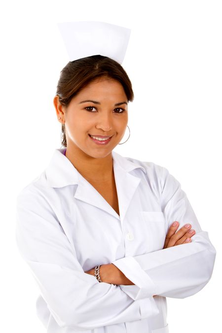 Female nurse smiling ? isolated over a white background