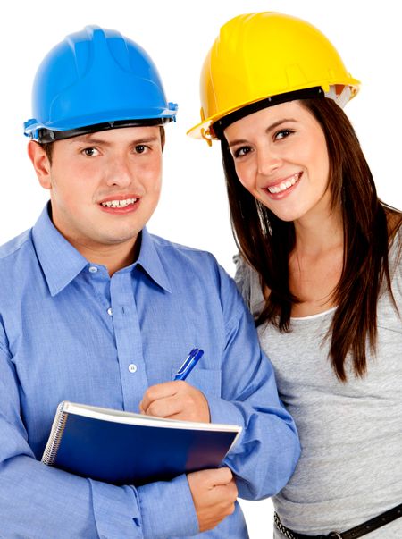 Couple of architects wearing helmets ? isolated over a white background