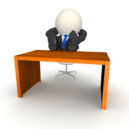 3D business man on his desk - isolated over a white background