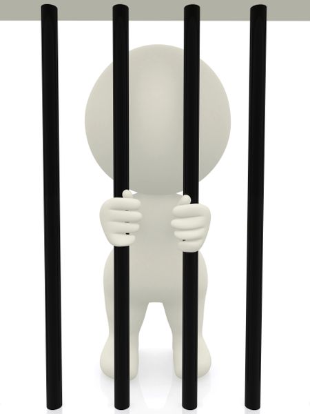3D prisoner behind barrels - isolated over white