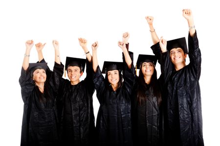 Happy group of graduates celebrating with arms up - isolated