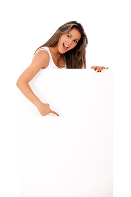 Woman pointing at a banner ad - isolated over a white background