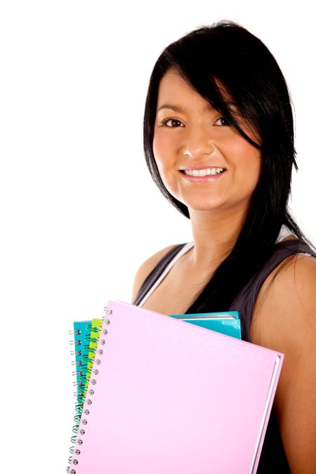 Female student holding notebooks - isolated over white
