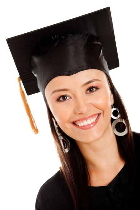 Female graduate wearing a gown and mortarboard - isolated over white